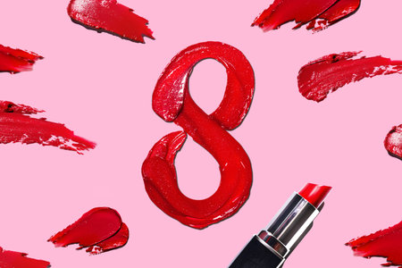 Red lipstick swatch on a pink background. Red lipstick glossy texture in 8 eight shape. 8th march...