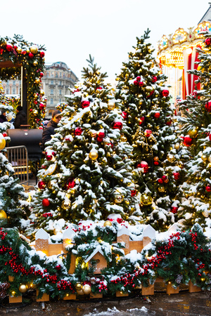 Moscow, Russia - January 5, 2018: Moscow Festival Journey to Christmas . Illuminated New Year trees on Manezhnaya Square in front of Historical Museumのeditorial素材