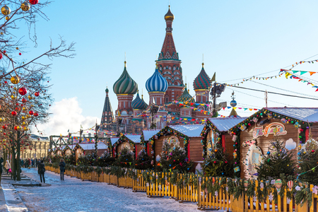 Moscow, Russia - January 9, 2018: New Year and Christmas market and decorations on Red Square. St. Basil's Cathedral.のeditorial素材