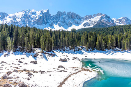 The amazing spring landscape of Lake of Carezza in the Dolomites in South Tyrol, Italy