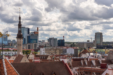 Tallinn, Estonia - August 27, 2018: Aerial panoramic cityscape beautiful view of Old Town in Tallinn...