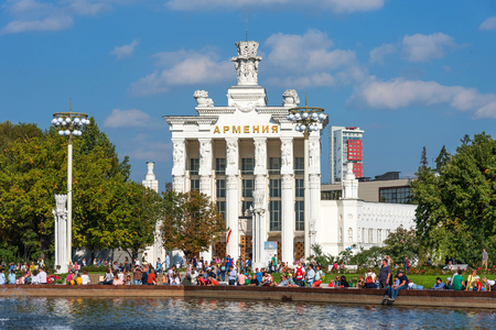 MOSCOW, RUSSIA - SEPTEMBER 22, 2018: Pavilion Armenia on Exhibition of Achievements of National Economy VDNKh in Moscow. Amazing view of the Soviet architecture, a landmark of Moscow.のeditorial素材