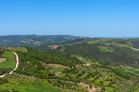 Amazing aerial view of Tuscany from Fortress of Tentennano. Beautiful summer landscape near Castiglione d'Orcia,Tuscany, Italyの写真素材