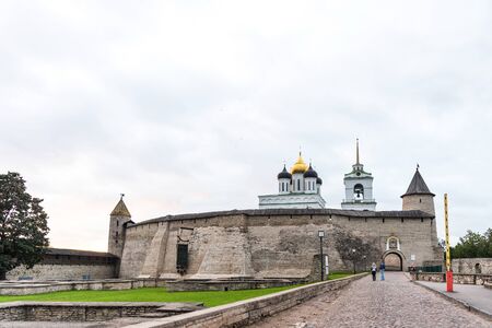 Pskov, Russia - August 30, 2018: Panoramic view of the The Pskov Kremlin (Pskov Krom) and The Trinity Cathedral in summer.のeditorial素材