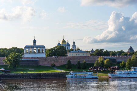 Veliky Novgorod, Russia - August 31, 2018: Panoramic view of the Kremlin, Cathedral of St Sophia , The belfry of St. Sophia Cathedral, Nizhny Novgorod, Russia. Volkhov River and cruise ships with tourists.のeditorial素材