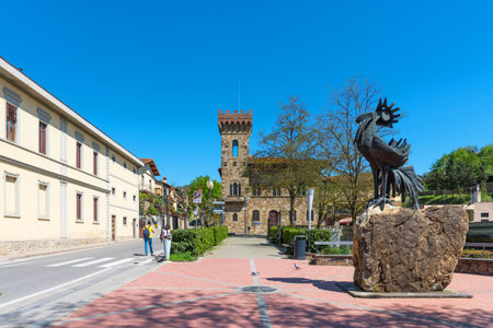 Greve in Chianti, Italy - April 21, 2018: The statue of a black rooster, the symbol of Chianti, Tuscany, Italyのeditorial素材