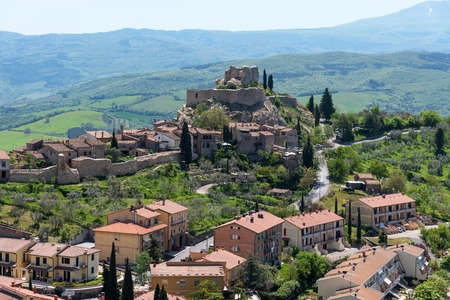 Amazing panoramic view of the Castiglione d'Orcia. Beautiful landscape in Tuscany, Italy. Fortress on the hill. The small typical town in Val d'Orcia, Tuscany.の写真素材