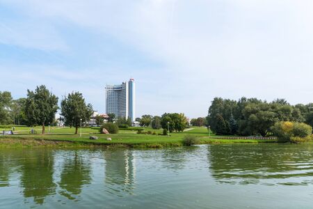 Minsk, Republic of Belarus. - September 8, 2018: Panoramic view of the Hotel Belarus in Minsk, Republic of Belarus.のeditorial素材