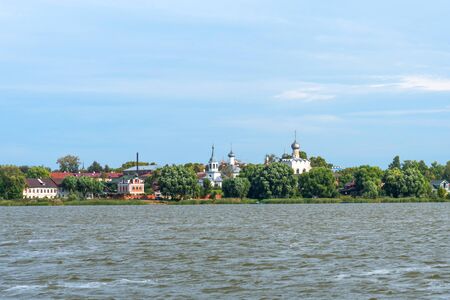 Picturesque aerial view of Kremlin in Rostov, Russia. Amazing view of Rostov Kremlin, old church, houses and lake Nero in summer.の写真素材