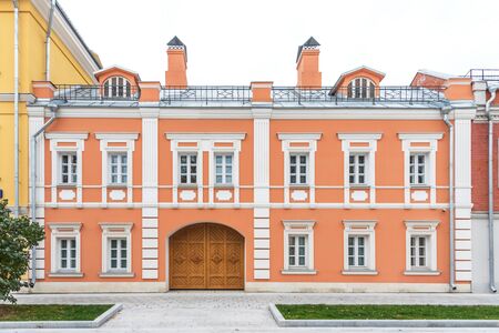 Moscow, Russia - October, 5 2019: Shkolnaya street during the festival Golden Autumn in Moscow. Shkolnaya street in the center of Moscow after reconstruction. Facade of an old house after reconstruction.のeditorial素材