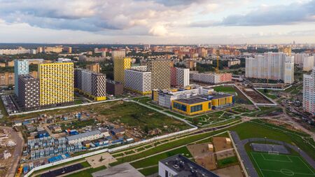 Mytishchi, Russia - August 10, 2019: Panoramic view of residential complex Yaroslavsky in Mytishchi, Moscow region, Russia. Areal view of new residential houses.のeditorial素材