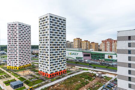 Mytishchi, Russia - August 10, 2019: Panoramic view of residential complex Yaroslavsky in Mytishchi, Moscow region, Russia. Areal view of new residential houses.のeditorial素材