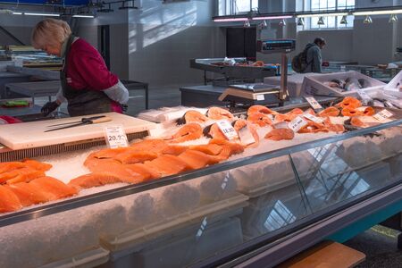 Riga, Latvia - October 28, 2019: Fresh fish at Riga Central Market. Salmon and trout on ice at the fish market in Riga, Latviaのeditorial素材