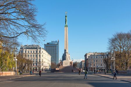 Riga, Latvia - October 28, 2019: Picturesque aerial view of Freedom Square with the Freedom Monument of Latvia in Riga. The Freedom Monument in the center of Riga, Latvia.のeditorial素材