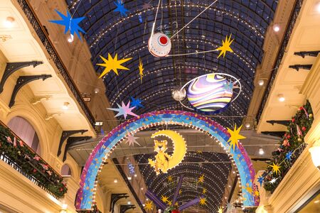 MOSCOW, RUSSIA - DECEMBER 25, 2019: New Year and Christmas decoration of the GUM in Moscow, Russia. Inside view of the State Department Store in Moscow on Red Square.のeditorial素材
