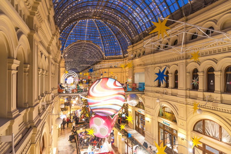 MOSCOW, RUSSIA - DECEMBER 25, 2019: New Year and Christmas decoration of the GUM in Moscow, Russia....