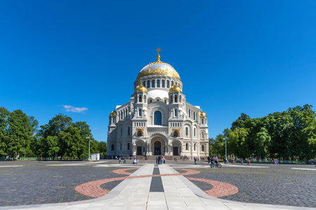 Kronstadt, Russia - June 20, 2020: Picturesque summer view of The Naval cathedral of Saint Nicholas in Kronstadt, Russia. Kronstadt Naval Cathedral on Anchors square.のeditorial素材