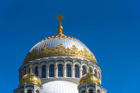 Dome of The Naval cathedral of Saint Nicholas in Kronstadt, Russia. Facade detail of Kronstadt Naval Cathedral.の写真素材