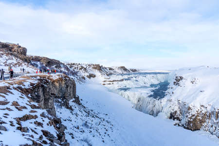 Amazing aereal winter landscape view of Gullfoss waterfall in Iceland.の写真素材