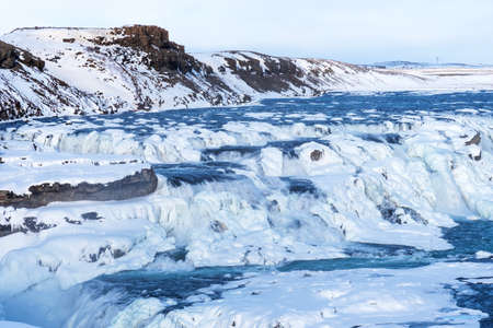 Amazing aereal winter landscape view of Gullfoss waterfall in Iceland.の写真素材