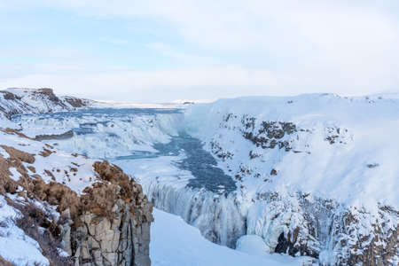 Amazing aereal winter landscape view of Gullfoss waterfall in Iceland.の写真素材