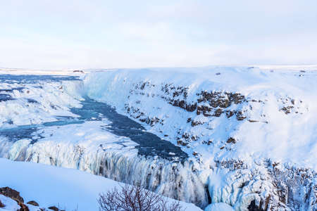 Amazing aereal winter landscape view of Gullfoss waterfall in Iceland.の写真素材