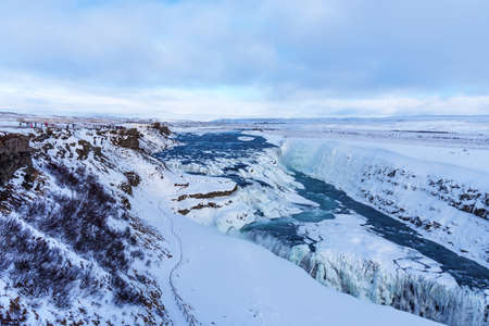 Amazing aereal winter landscape view of Gullfoss waterfall in Iceland.の写真素材