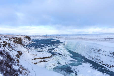 Amazing aereal winter landscape view of Gullfoss waterfall in Iceland.の写真素材