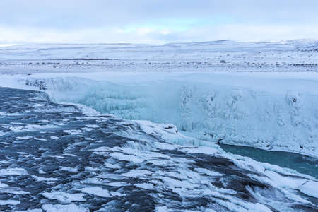 Amazing aereal winter landscape view of Gullfoss waterfall in Iceland.の写真素材