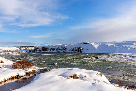 Amazing aerial winter landscape view of Urridafoss waterfall in Iceland.の写真素材
