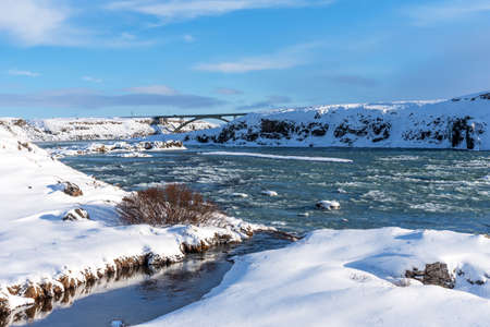 Amazing aereal winter landscape view of Urridafoss waterfall in Iceland.の写真素材