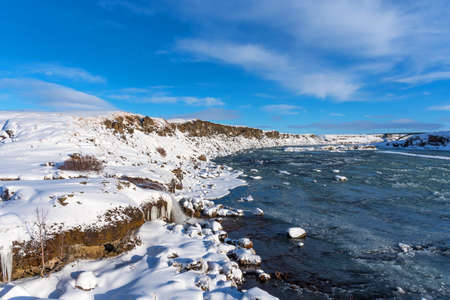 Amazing aereal winter landscape view of Urridafoss waterfall in Iceland.の写真素材