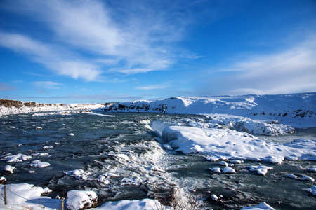 Amazing aereal winter landscape view of Urridafoss waterfall in Iceland.の写真素材