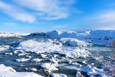 Amazing aereal winter landscape view of Urridafoss waterfall in Iceland.の写真素材