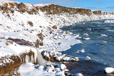 Amazing aereal winter landscape view of Urridafoss waterfall in Iceland.の写真素材