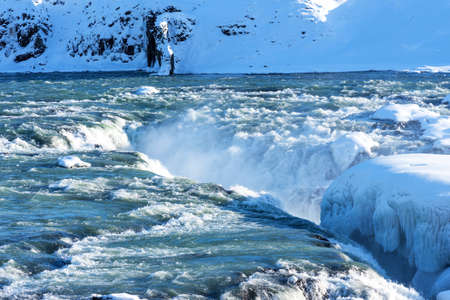 Amazing aereal winter landscape view of Urridafoss waterfall in Iceland.の写真素材