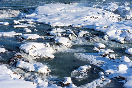 Amazing aereal winter landscape view of Urridafoss waterfall in Iceland.の写真素材