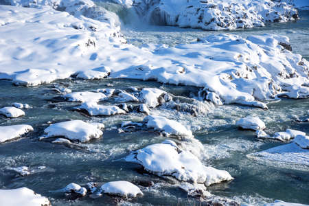 Amazing aereal winter landscape view of Urridafoss waterfall in Iceland.の写真素材