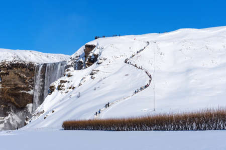 Tourists at Skogafoss Waterfall, one of the biggest waterfalls and most popular tourist attractions in Iceland.の写真素材