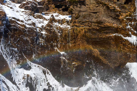 Amazing aerial winter landscape view of Skogafoss in Iceland. Skogafoss one of the biggest waterfalls and most popular tourist attractions in Iceland.の写真素材