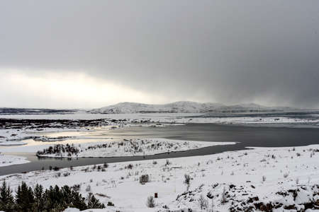 Picturesque winter landscape view of Thingvellir in Iceland. Aereal winter landscape view of Thingvellir National Park in Iceland.の写真素材