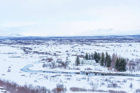 Picturesque winter landscape view of Thingvellir in Iceland. Aereal winter landscape view of Thingvellir National Park in Iceland.の写真素材