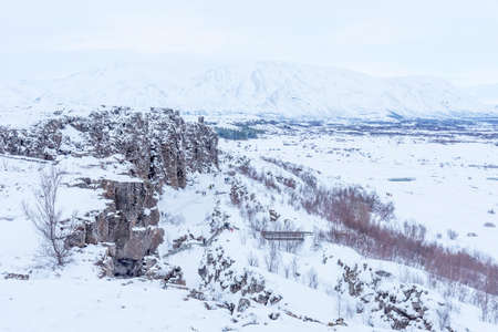 Picturesque winter landscape view of Thingvellir in Iceland. Aereal winter landscape view of Thingvellir National Park in Iceland.の写真素材