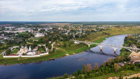 Scenic summer view of Staritskiy Holy Dormition Monastery on the Volga River in Staritsa, Russia.の写真素材