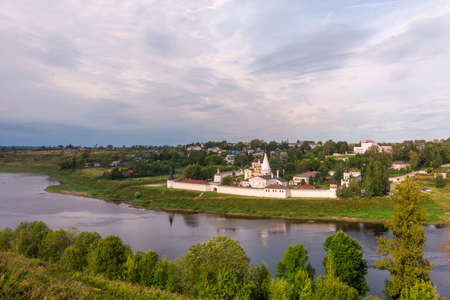 Scenic summer view of Staritskiy Holy Dormition Monastery on the Volga River in Staritsa, Russia.の写真素材