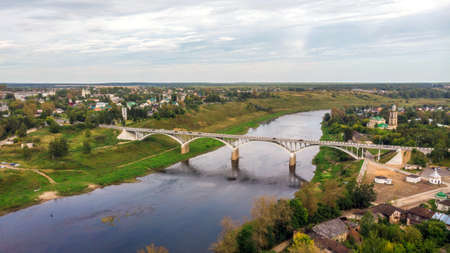 Scenic summer view of abandoned Boris and Gleb Cathedral on the Volga River in Staritsa, Russia.の写真素材