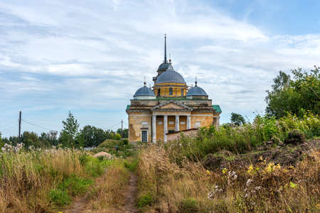 Scenic summer view of abandoned Boris and Gleb Cathedral on the Volga River in Staritsa, Russia.の写真素材