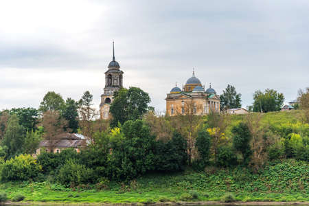 Scenic summer view of abandoned Boris and Gleb Cathedral on the Volga River in Staritsa, Russia.の写真素材