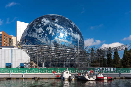 Kaliningrad, Russia - September 28, 2020: Panoramic view of the Museum of the World Ocean, a new building under construction in the form of planet earth.のeditorial素材