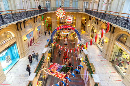 MOSCOW, RUSSIA - DECEMBER 4, 2020: Christmas and New Year Interior of the Main Universal Store GUM in Moscow, Russia. Christmas fairy tale in Moscow.のeditorial素材